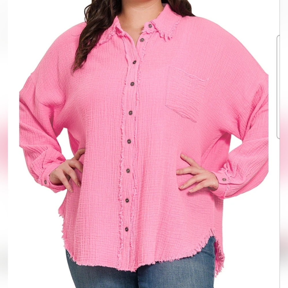 Zenana Candy Pink Textured Gauze Raw Hem Shirt Sz. L Oversized